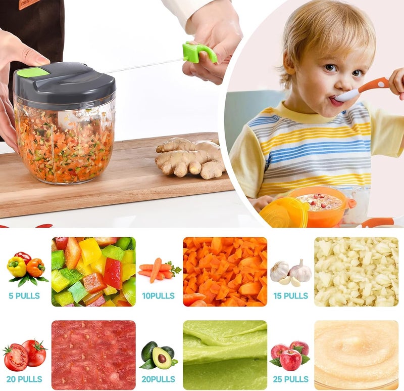 ZEAYEA Manual Food Processor Vegetable Chopper, Portable Hand Pull String Garlic Mincer Onion Cutter for Veggies, Ginger, Fruits, Nuts, Herbs, etc., （900ml,Gray-green） - Image 3