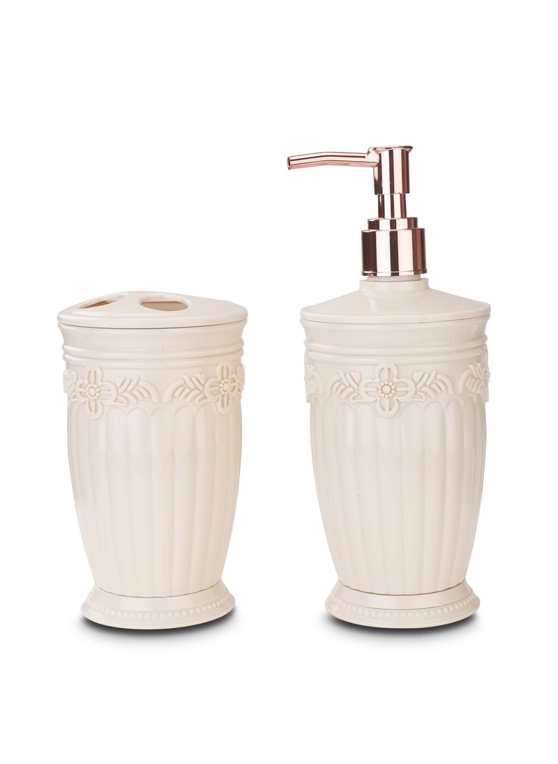 NAYASA Nayasa Bianca Bathroom Set 2 Piece Plastic Bathroom Accessories Set, Soap Dispenser & Tooth Brush Holder Luxury Bathroom Set, for Home & Kitchen, Cream  - Image 4