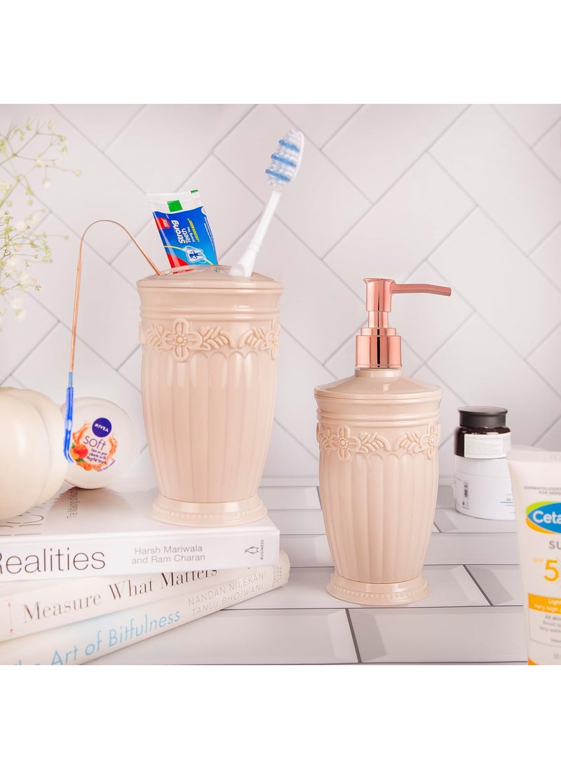 NAYASA Nayasa Bianca Bathroom Set 2 Piece Plastic Bathroom Accessories Set, Soap Dispenser & Tooth Brush Holder Luxury Bathroom Set, for Home & Kitchen, Cream  - Image 3