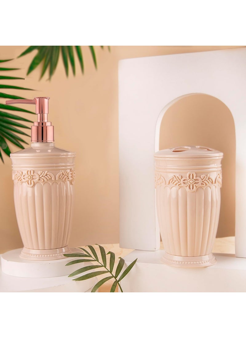 NAYASA Nayasa Bianca Bathroom Set 2 Piece Plastic Bathroom Accessories Set, Soap Dispenser & Tooth Brush Holder Luxury Bathroom Set, for Home & Kitchen, Cream  - Image 2