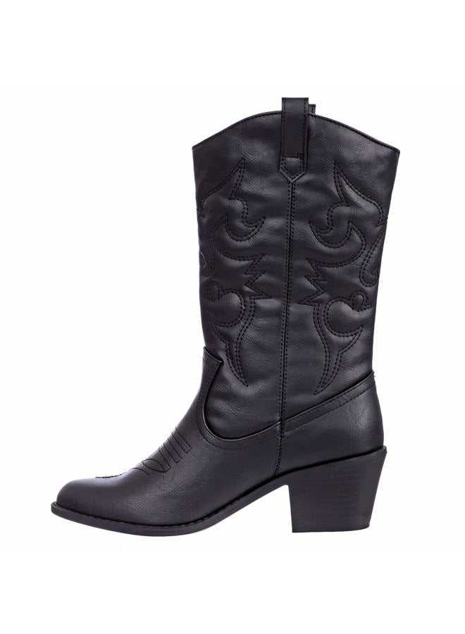 Charles Albert Cowboy Boots for Women Embroidered Cowgirl Boots Stacked Heel Pull Up Mid-Calf Western Boots in Black Size 10 - Image 4