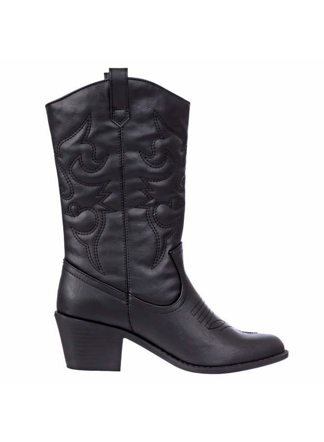 Charles Albert Cowboy Boots for Women Embroidered Cowgirl Boots Stacked Heel Pull Up Mid-Calf Western Boots in Black Size 10 - Image 2