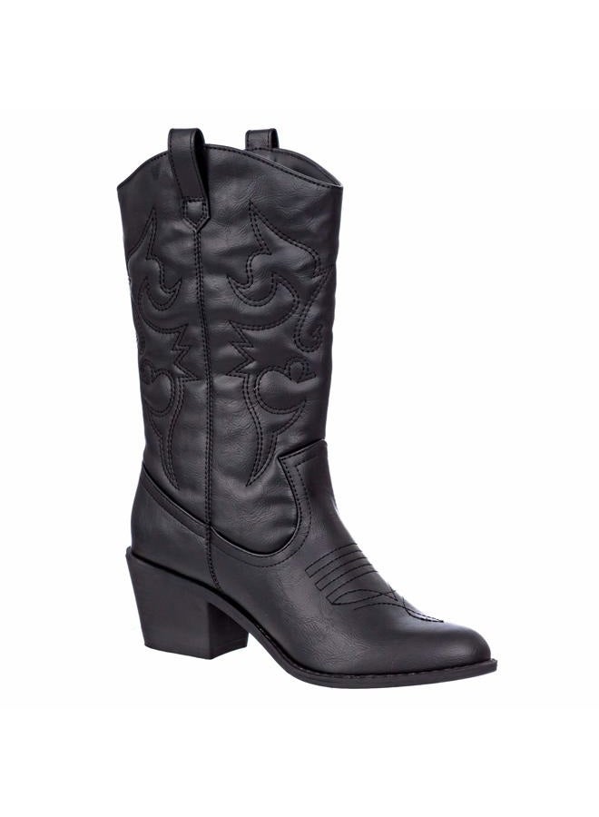 Charles Albert Cowboy Boots for Women Embroidered Cowgirl Boots Stacked Heel Pull Up Mid-Calf Western Boots in Black Size 10 - Image 1
