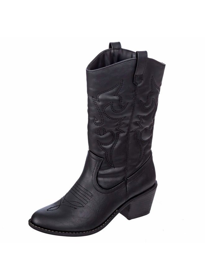 Charles Albert Cowboy Boots for Women Embroidered Cowgirl Boots Stacked Heel Pull Up Mid-Calf Western Boots in Black Size 10 - Image 3