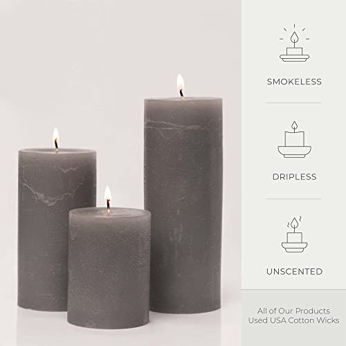 BASK Mottled Unscented Cool Grey Pillar Candles Set of 3 - Dripless Large Smokeless Pillar Candles for All Occasions - Image 3