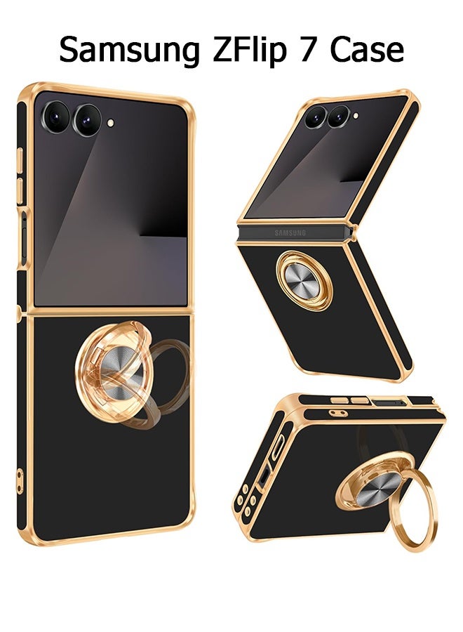 Wffo For Samsung Galaxy Z Flip 7 Case [with 360° Rotatable Ring Holder][Support Magnetic Car Mount] - Shiny Gold Plated Thin Shockproof Soft TPU Case for Galaxy Z Flip 7 - Black - Image 1