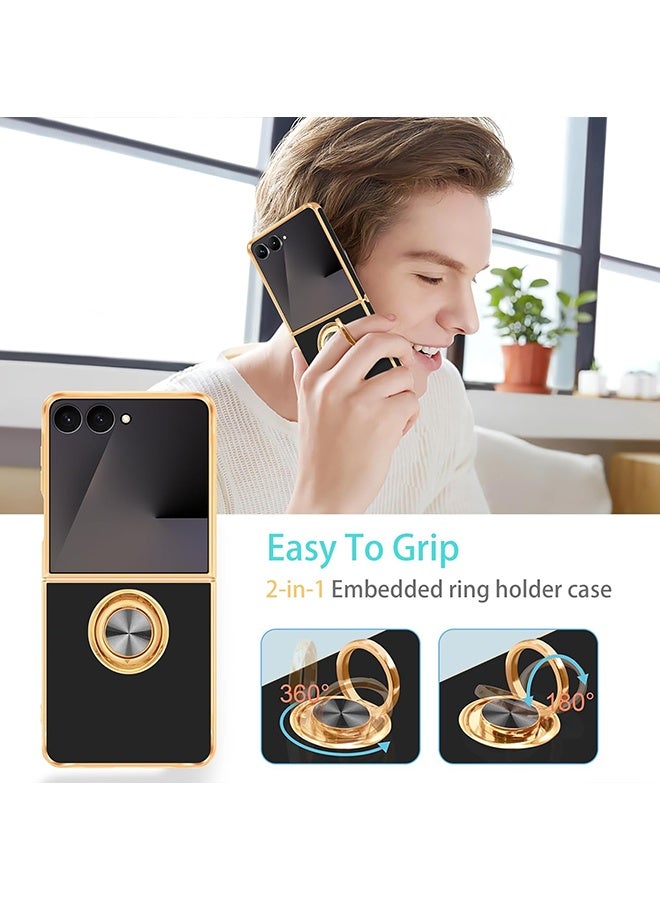Wffo For Samsung Galaxy Z Flip 7 Case [with 360° Rotatable Ring Holder][Support Magnetic Car Mount] - Shiny Gold Plated Thin Shockproof Soft TPU Case for Galaxy Z Flip 7 - Black - Image 4