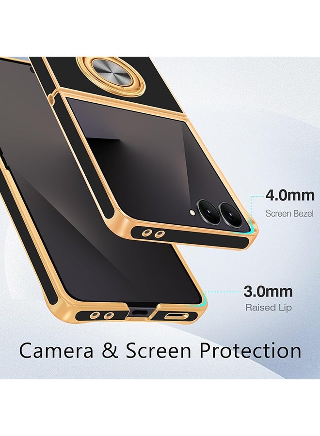 Wffo For Samsung Galaxy Z Flip 7 Case [with 360° Rotatable Ring Holder][Support Magnetic Car Mount] - Shiny Gold Plated Thin Shockproof Soft TPU Case for Galaxy Z Flip 7 - Black - Image 3