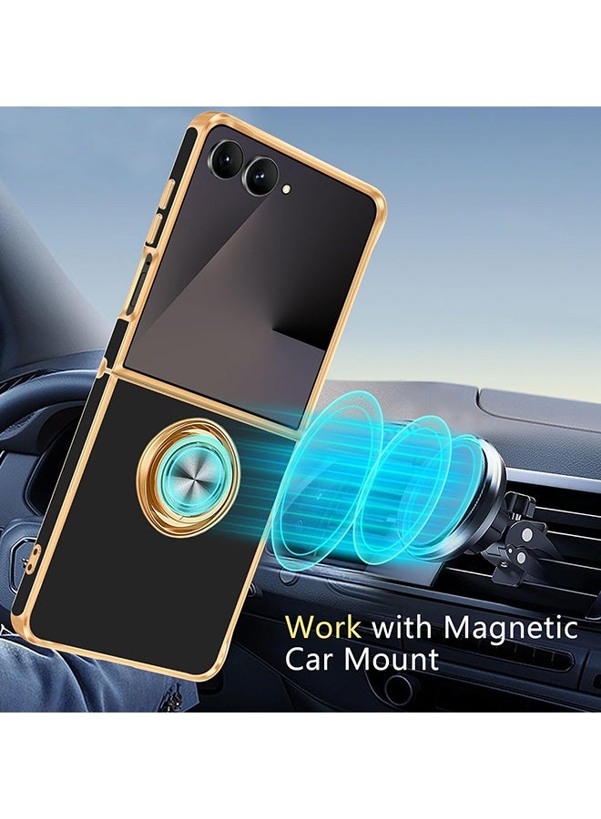 Wffo For Samsung Galaxy Z Flip 7 Case [with 360° Rotatable Ring Holder][Support Magnetic Car Mount] - Shiny Gold Plated Thin Shockproof Soft TPU Case for Galaxy Z Flip 7 - Black - Image 5