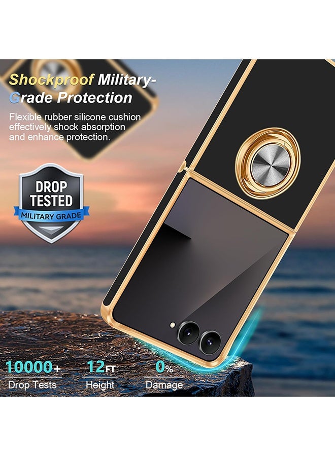 Wffo For Samsung Galaxy Z Flip 7 Case [with 360° Rotatable Ring Holder][Support Magnetic Car Mount] - Shiny Gold Plated Thin Shockproof Soft TPU Case for Galaxy Z Flip 7 - Black - Image 2