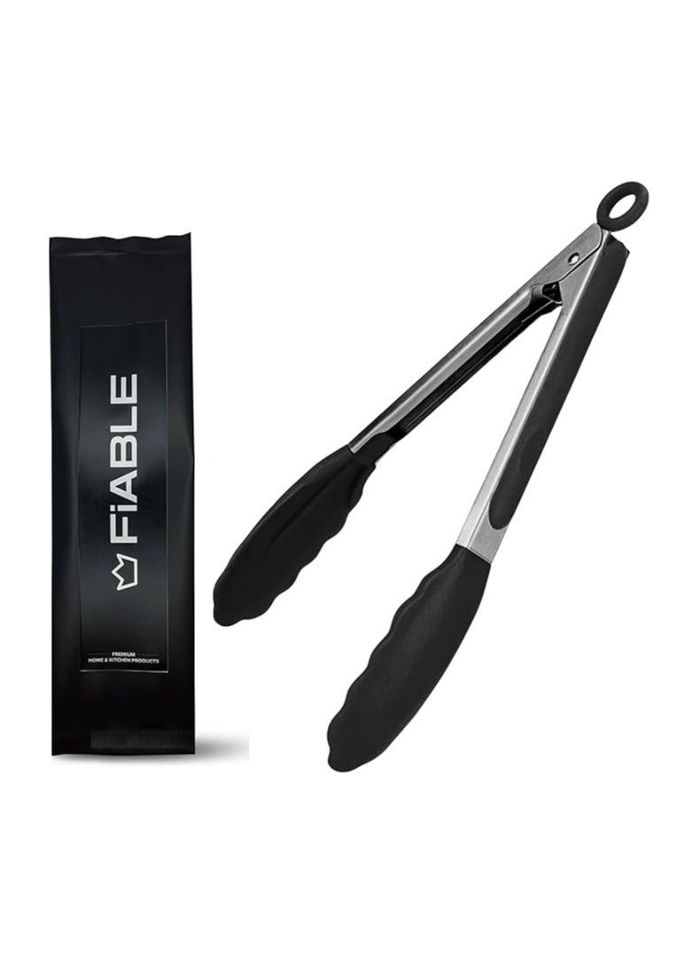 FIABLE FiABLE Premium Steel and Silicone Food Tongs for Kitchen, Barbeque and Serving - 10 inch - 1 Year Warranty - FDA Approved Silicone, 230°C Heat-Resistant - Black - Image 1