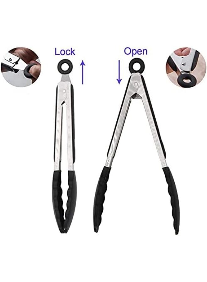 FIABLE FiABLE Premium Steel and Silicone Food Tongs for Kitchen, Barbeque and Serving - 10 inch - 1 Year Warranty - FDA Approved Silicone, 230°C Heat-Resistant - Black - Image 2