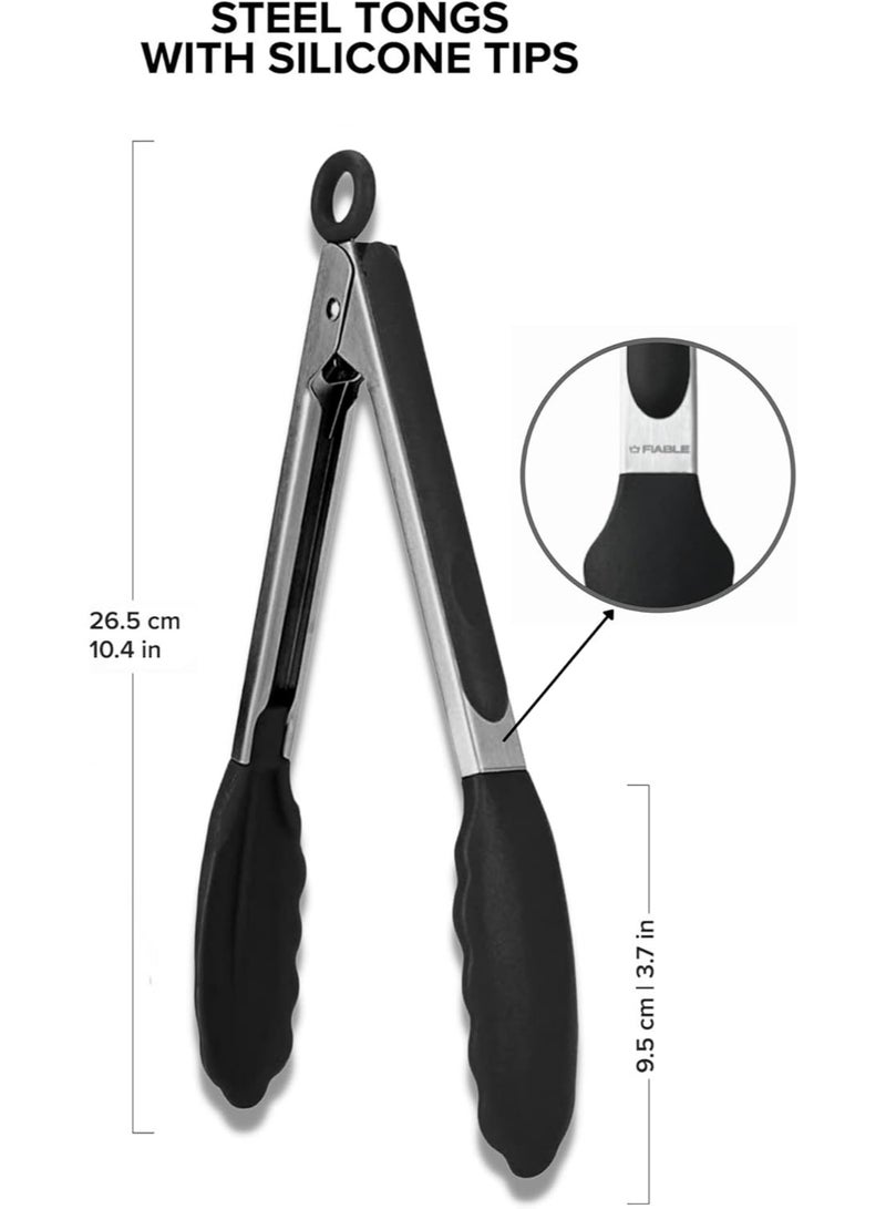 FIABLE FiABLE Premium Steel and Silicone Food Tongs for Kitchen, Barbeque and Serving - 10 inch - 1 Year Warranty - FDA Approved Silicone, 230°C Heat-Resistant - Black - Image 3