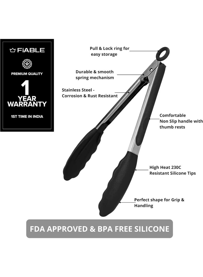 FIABLE FiABLE Premium Steel and Silicone Food Tongs for Kitchen, Barbeque and Serving - 10 inch - 1 Year Warranty - FDA Approved Silicone, 230°C Heat-Resistant - Black - Image 4