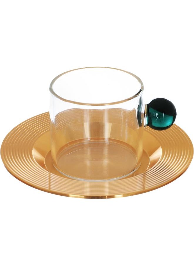Alsaif Amber Glass Tea Serving Set Teapot + Cups And Saucers + Warmer Base 15 Pieces Green  - Image 5