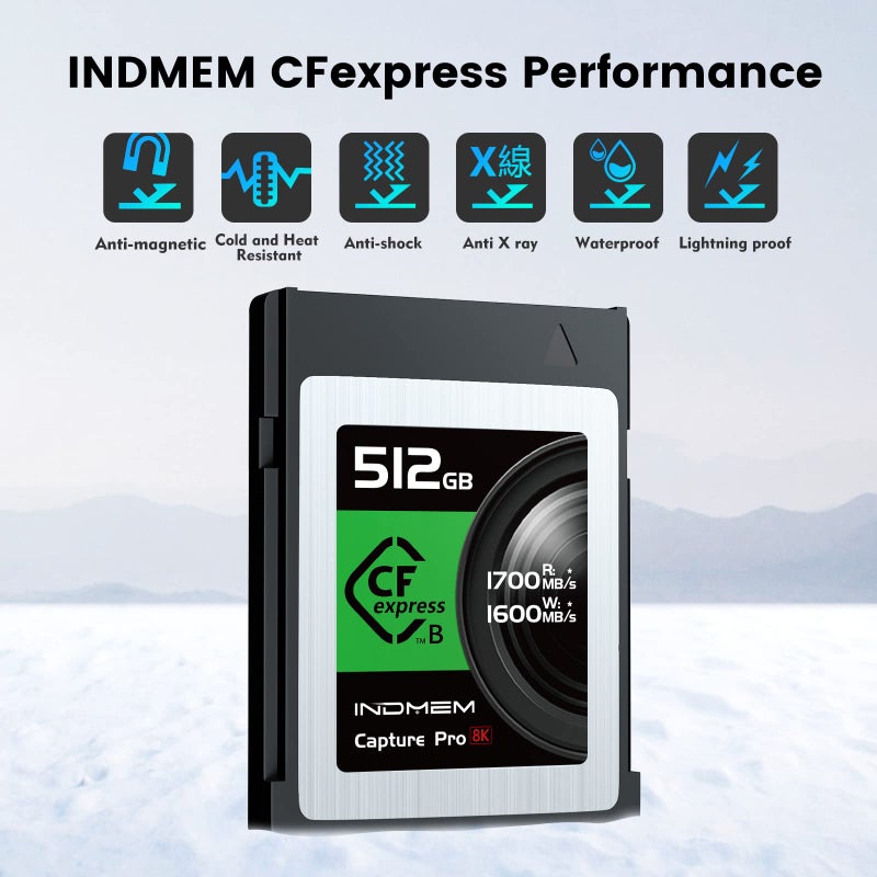 INDMEM بطاقة ذاكرة CFexpress Type B بسعة 512 جيجابايت، تسجيل فيديو بدقة 8K، سرعة قراءة تصل إلى 1700 ميجابايت/ثانية، سرعة كتابة 1600 ميجابايت/ثانية، متوافقة مع نيكون Z6/Z7/D6، كانون EOS-1DXMark III/EOS-R5، باناسونيك S1/S1R، DJI Ronin 4D - Image 2