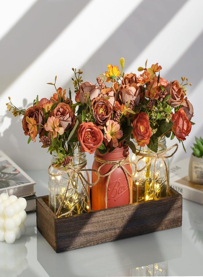 DUO ER DUOER 3 Pcs Mason Jar Centerpiece Table Decorations for Dining Table Decor Farmhouse Coffee Table Decor with Wood Tray and Led Light Table Centerpieces for Dining room Kitchen Living Bathroom,Orange - Image 2