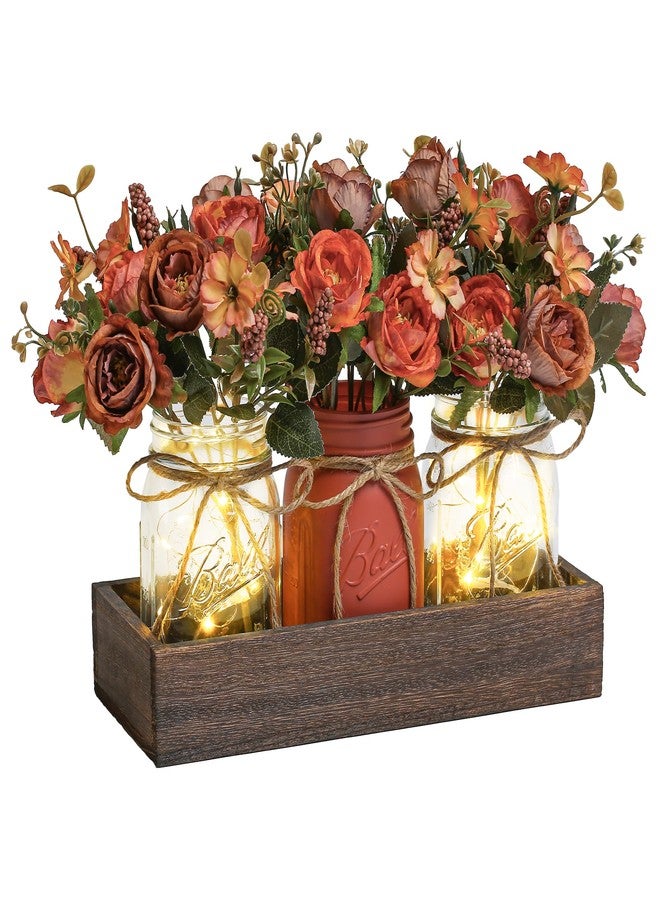 DUO ER DUOER 3 Pcs Mason Jar Centerpiece Table Decorations for Dining Table Decor Farmhouse Coffee Table Decor with Wood Tray and Led Light Table Centerpieces for Dining room Kitchen Living Bathroom,Orange - Image 1