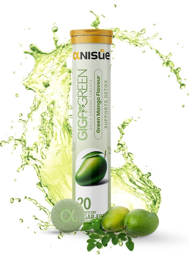 Anisue Gigagreen Daily Greens Effervescent Tablets for Detox | Green Mango | 100% Vegan | Green Juice | Plant based with Vitamins C, B6 & B12 | Pack of 1 - 20 Tablets  - Image 1