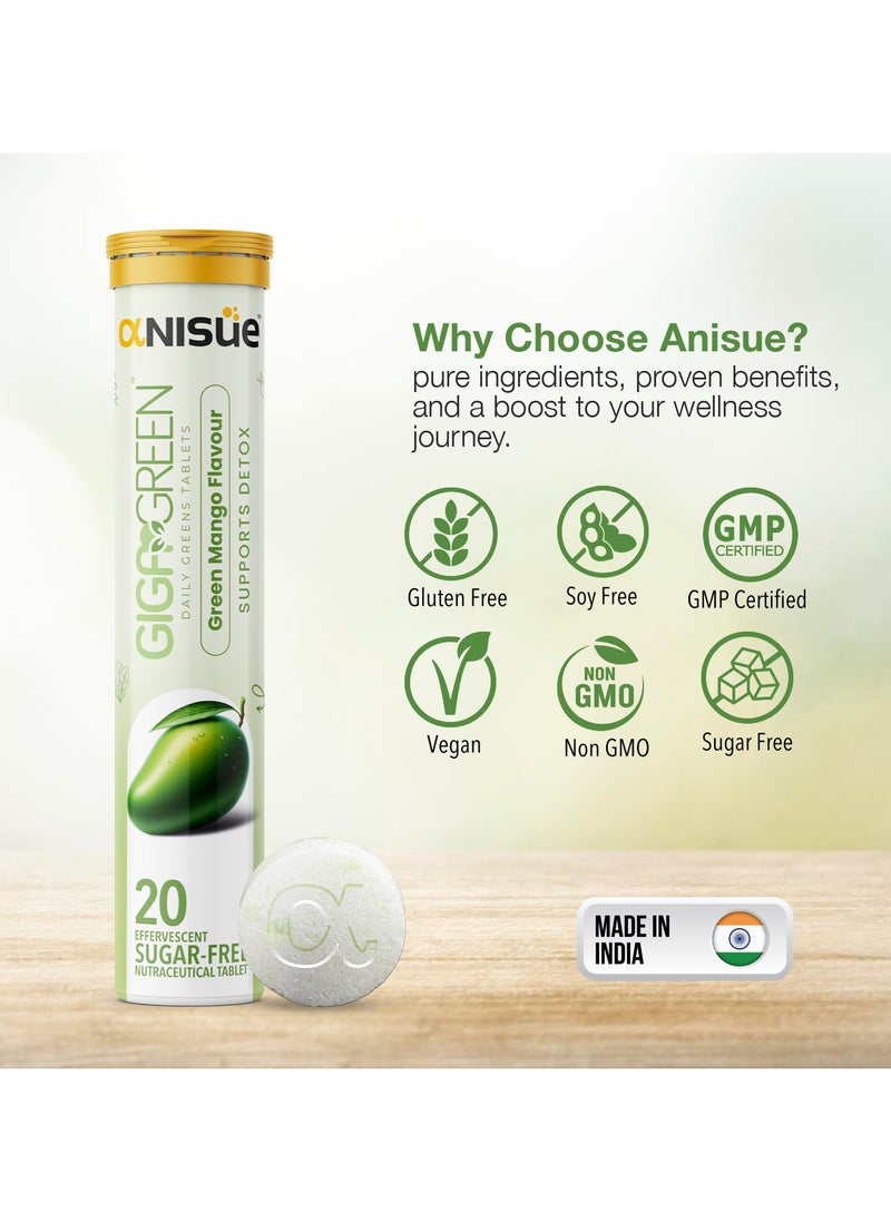 Anisue Gigagreen Daily Greens Effervescent Tablets for Detox | Green Mango | 100% Vegan | Green Juice | Plant based with Vitamins C, B6 & B12 | Pack of 1 - 20 Tablets  - Image 3