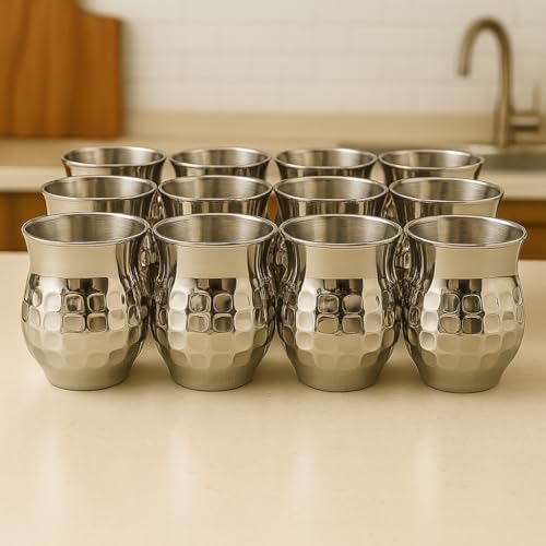 STEEPLE Double Wall Stainless Steel Kullad Set of 12 | 170 ml Insulated Tea Cup Coffee Cup | Hammered Steel Glass for Chai Water Milk Lassi Juice | Rust-Free Drinking Cup Set for Home & Restaurants - Image 1