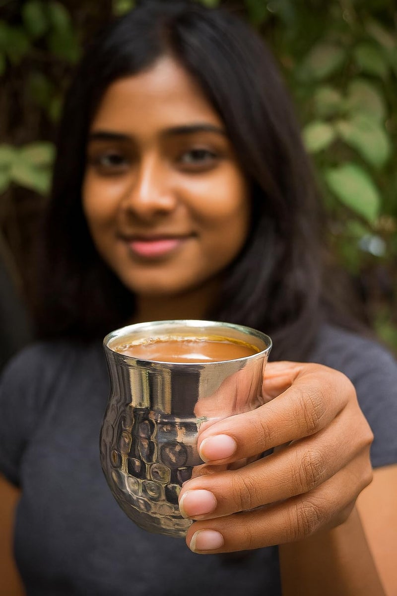 STEEPLE Double Wall Stainless Steel Kullad Set of 12 | 170 ml Insulated Tea Cup Coffee Cup | Hammered Steel Glass for Chai Water Milk Lassi Juice | Rust-Free Drinking Cup Set for Home & Restaurants - Image 3