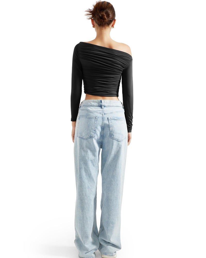 SUUKSESS Women Off Shoulder Long Sleeve Shirts Double Lined Fitted Crop Tops Y2K Tight T Shirts (Black,S) - Image 4