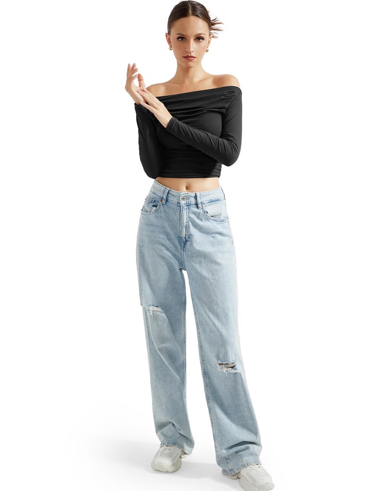 SUUKSESS Women Off Shoulder Long Sleeve Shirts Double Lined Fitted Crop Tops Y2K Tight T Shirts (Black,S) - Image 5