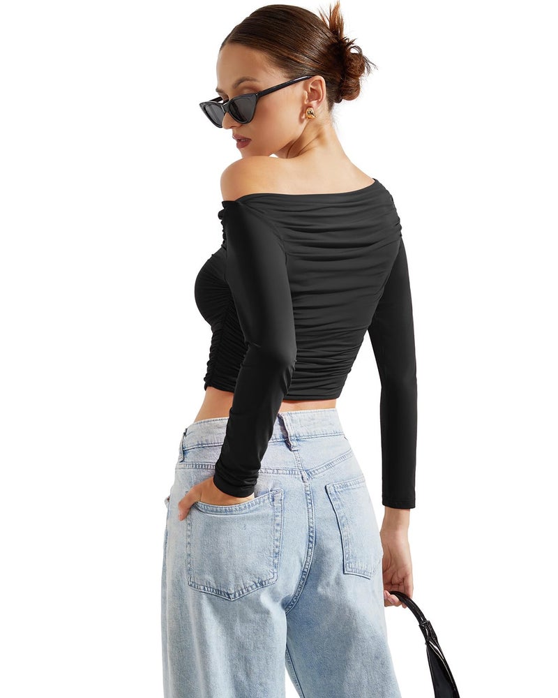 SUUKSESS Women Off Shoulder Long Sleeve Shirts Double Lined Fitted Crop Tops Y2K Tight T Shirts (Black,S) - Image 3