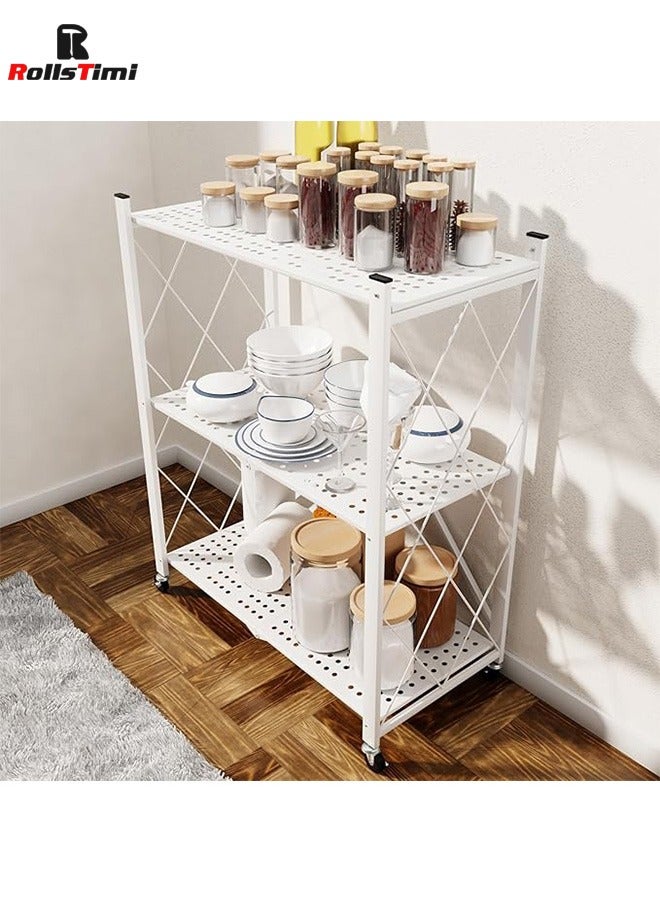RollsTimi  3 Tier Foldable Storage Shelf with Wheels, Metal Steel Collapsible Shelves, Rolling Standing Utility Rack for Kitchen, Pantry, Office, White - Image 2