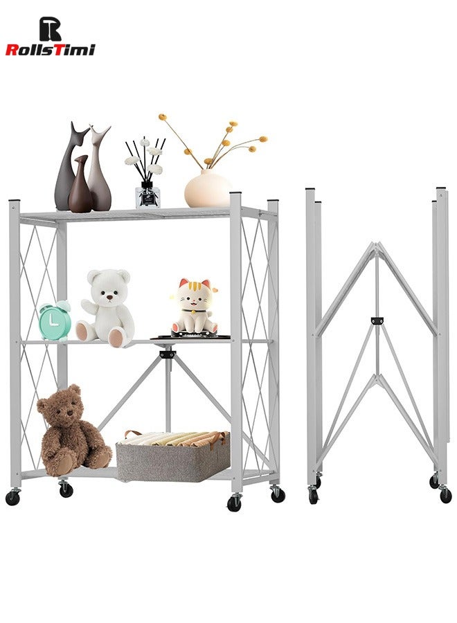 RollsTimi  3 Tier Foldable Storage Shelf with Wheels, Metal Steel Collapsible Shelves, Rolling Standing Utility Rack for Kitchen, Pantry, Office, White - Image 1