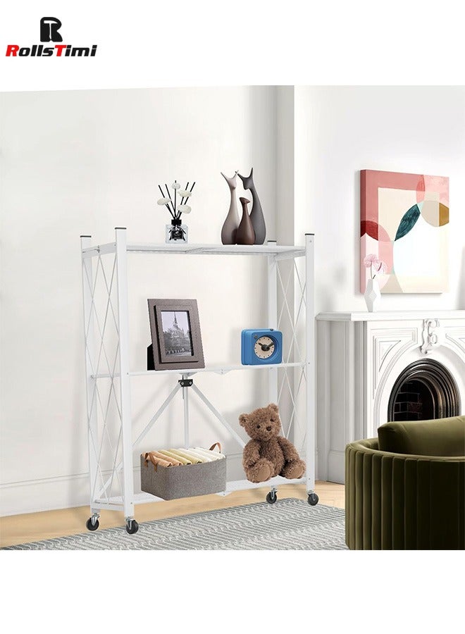 RollsTimi  3 Tier Foldable Storage Shelf with Wheels, Metal Steel Collapsible Shelves, Rolling Standing Utility Rack for Kitchen, Pantry, Office, White - Image 3