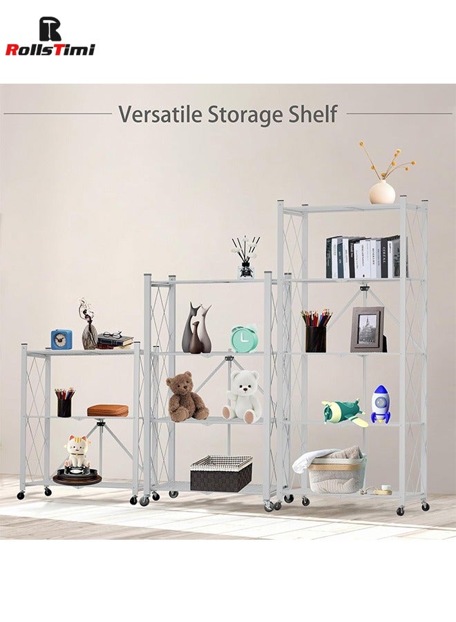 RollsTimi  3 Tier Foldable Storage Shelf with Wheels, Metal Steel Collapsible Shelves, Rolling Standing Utility Rack for Kitchen, Pantry, Office, White - Image 4