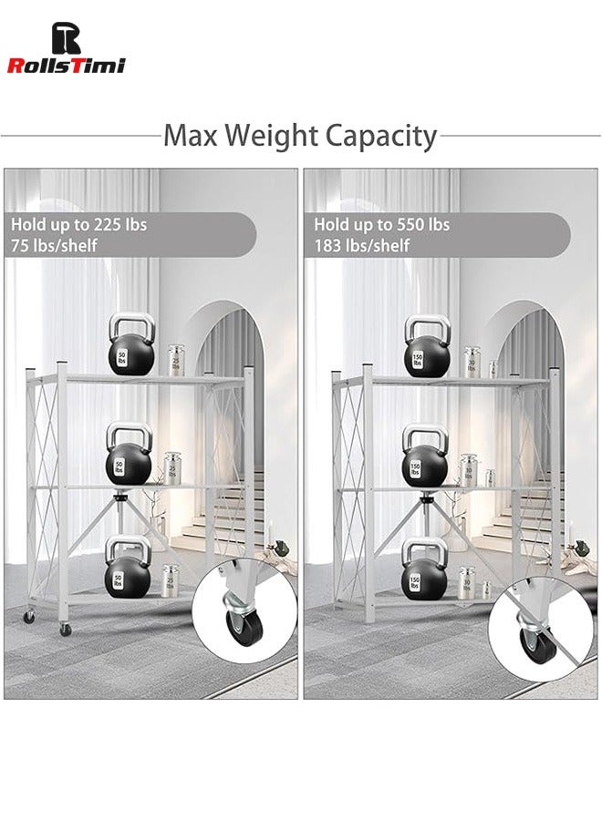 RollsTimi  3 Tier Foldable Storage Shelf with Wheels, Metal Steel Collapsible Shelves, Rolling Standing Utility Rack for Kitchen, Pantry, Office, White - Image 5