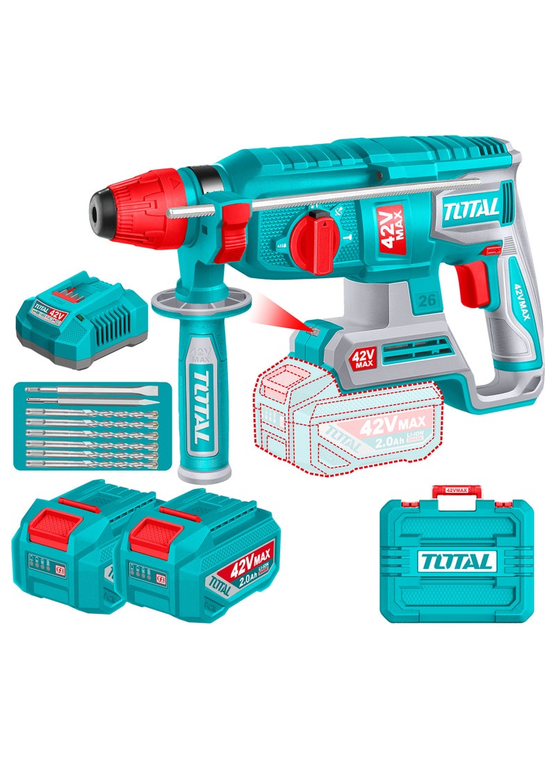 توتال مطرقة دوارة لاسلكية بدون فرشات من توتال 42 فولت (2.5 جول) - مثقاب خرسانة SDS Plus بسعة 26 مم، ومعدل ضربات 5000 ضربة في الدقيقة، وبطاريتين سعة 2.0 أمبير/ساعة، ومجموعة ملحقات من 8 قطع - TRHLI422682 - Image 1