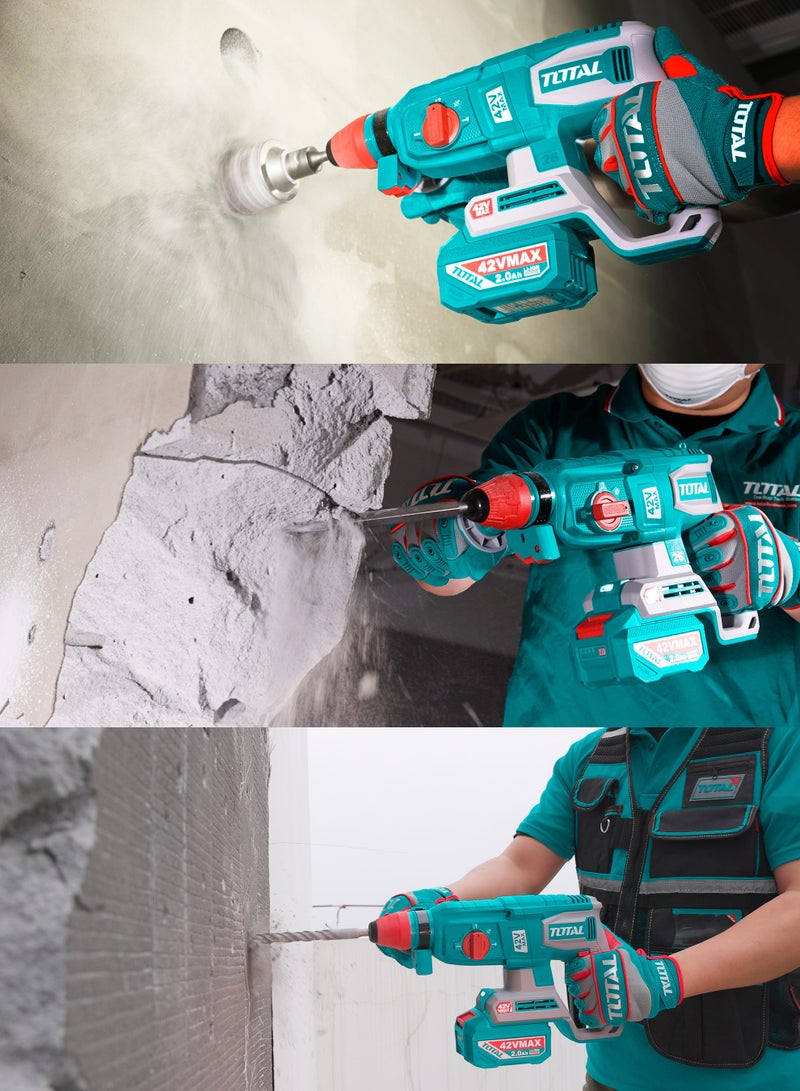 توتال مطرقة دوارة لاسلكية بدون فرشات من توتال 42 فولت (2.5 جول) - مثقاب خرسانة SDS Plus بسعة 26 مم، ومعدل ضربات 5000 ضربة في الدقيقة، وبطاريتين سعة 2.0 أمبير/ساعة، ومجموعة ملحقات من 8 قطع - TRHLI422682 - Image 3