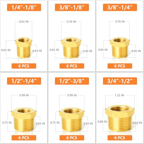GASHER 36PCS Brass Hex Bushing Fitting Kit Hex Bushing 14 18 38 18 38 14 12 14 12 38 34 12 - Image 3