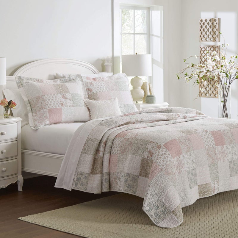 LAURA ASHLEY Laura Ashley  King Quilt Set Reversible Cotton Bedding with Matching Shams Patchwork Inspired Home Decor Celina Patchwork PinkSage King