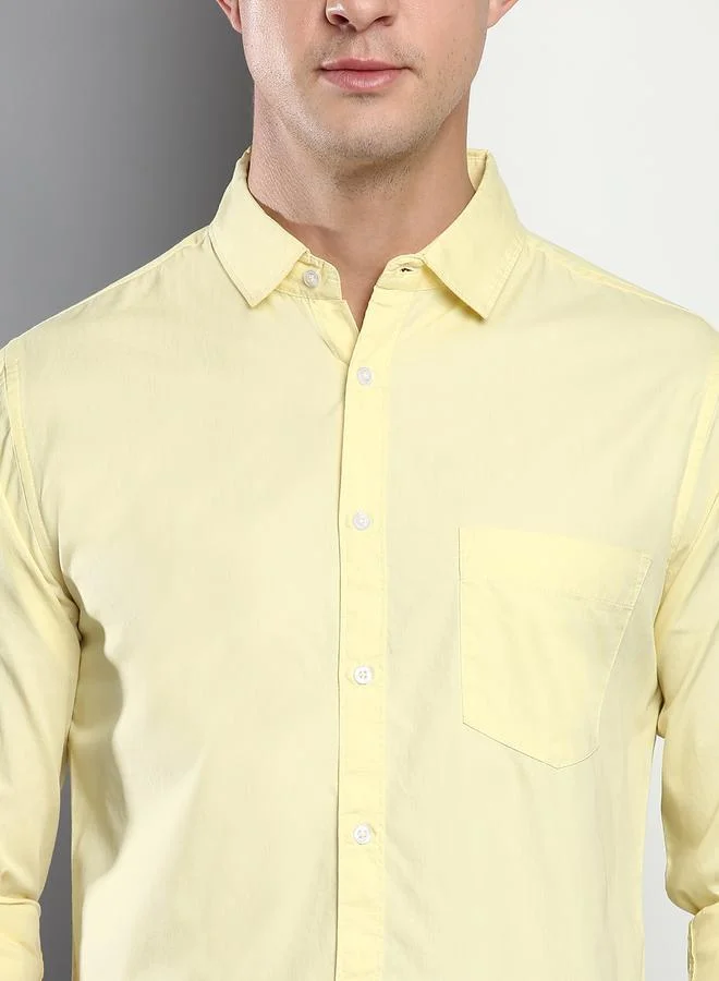 Dennis Lingo Men's Slim Fit Solid Yellow Casual Spread Collar Shirt - 100% Cotton