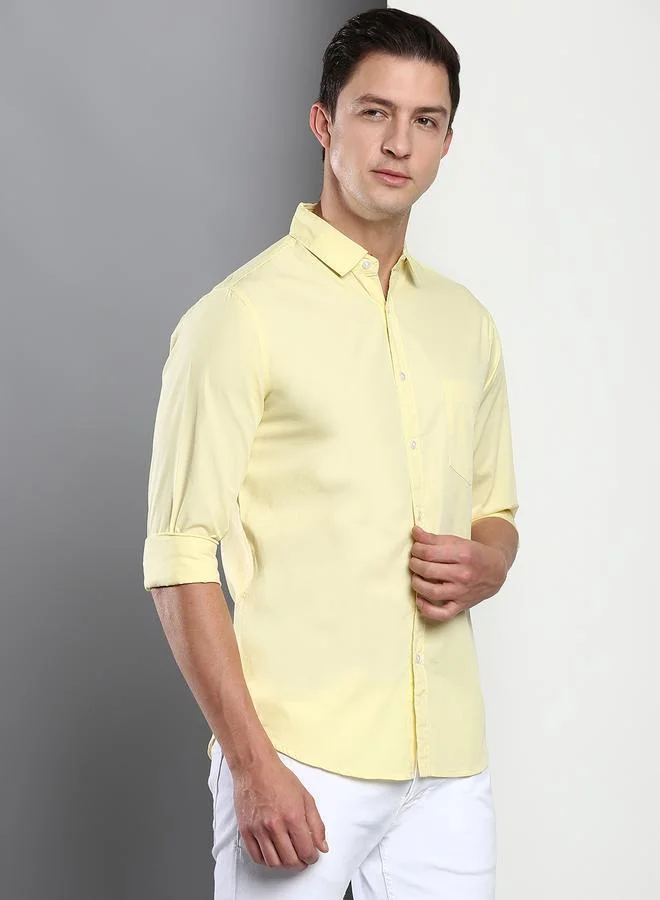Dennis Lingo Yellow Men's Slim Fit Solid Yellow Casual Spread Collar Shirt - 100% Cotton for Men | Best Price UAE