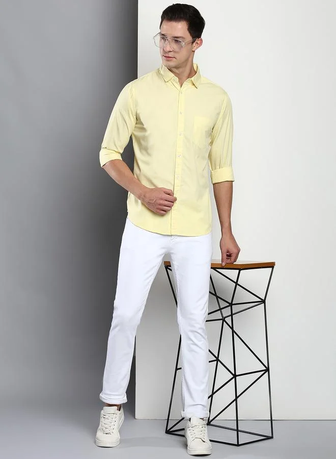 Dennis Lingo Yellow Men's Slim Fit Solid Yellow Casual Spread Collar Shirt - 100% Cotton for Men | Best Price UAE
