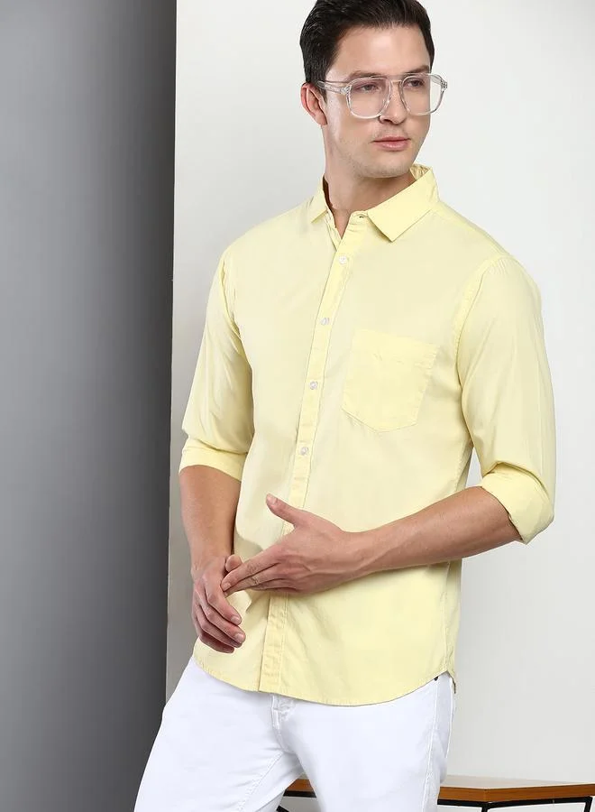 Dennis Lingo Men's Slim Fit Solid Yellow Casual Spread Collar Shirt - 100% Cotton