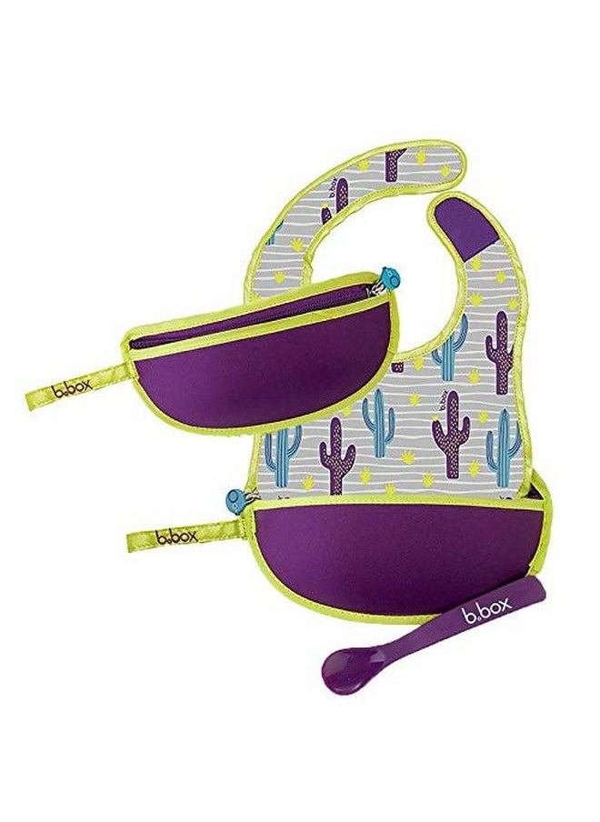 b.box Travel Bib & Flexible Soft Bite Spoon Set Cactus Capers Purple Grey  - Image 3