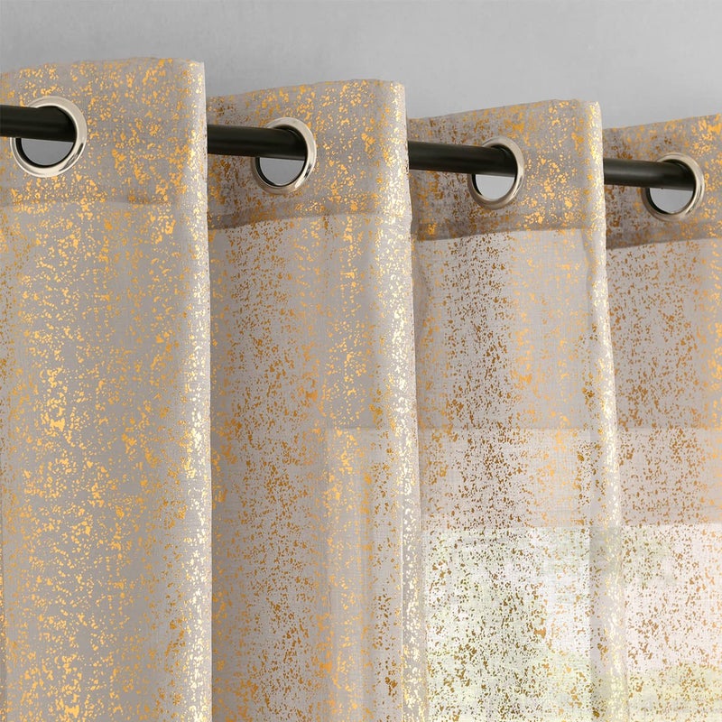 TERLYTEX TERLYTEX Gold Grey Curtains 63 Inch Length  Metallic Gold Foil Spray Spots Printed Sparkle Grey Sheer Curtains for Bedroom  Grommet Window Sparkle Sheer Curtains  52 x 63 Inch  2 Panels Set  Gold Grey - Image 1