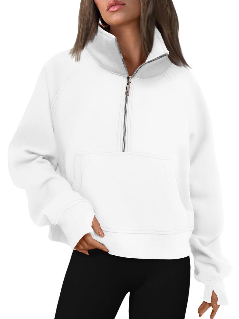 AUTOMET Womens Sweatshirts Half Zip Cropped Pullover Fleece Quarter Zipper Sweater Hoodies 2026 Fall Fashion Outfits Clothes White Small - Image 1