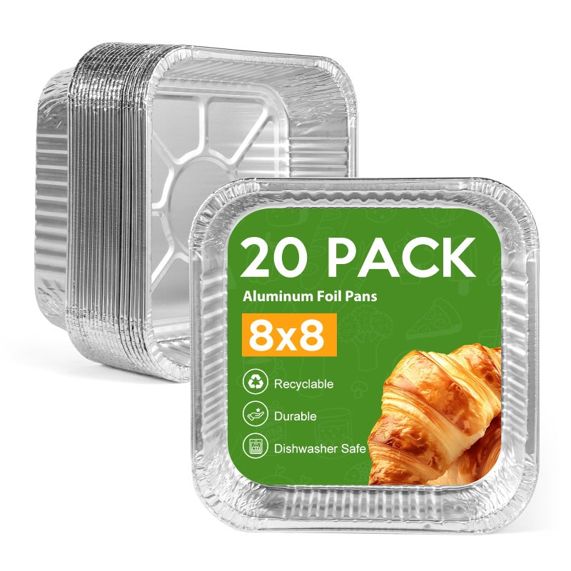 Homewarm 8"x8" Aluminum Foil Pans Disposable - 20 Pack Square Baking Pans Disposable Grill Accessories Meal Prep Containers Heavy Duty Tin Foil Pan for Baking Cake, Oven Cooking, Heating, Storing - Image 1