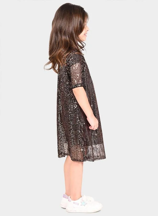 بونكيدز Regular Fit Printed Black And Gold Cotton Dresses For Girls Round Neck Flat Collar Pull On 100 % Cotton