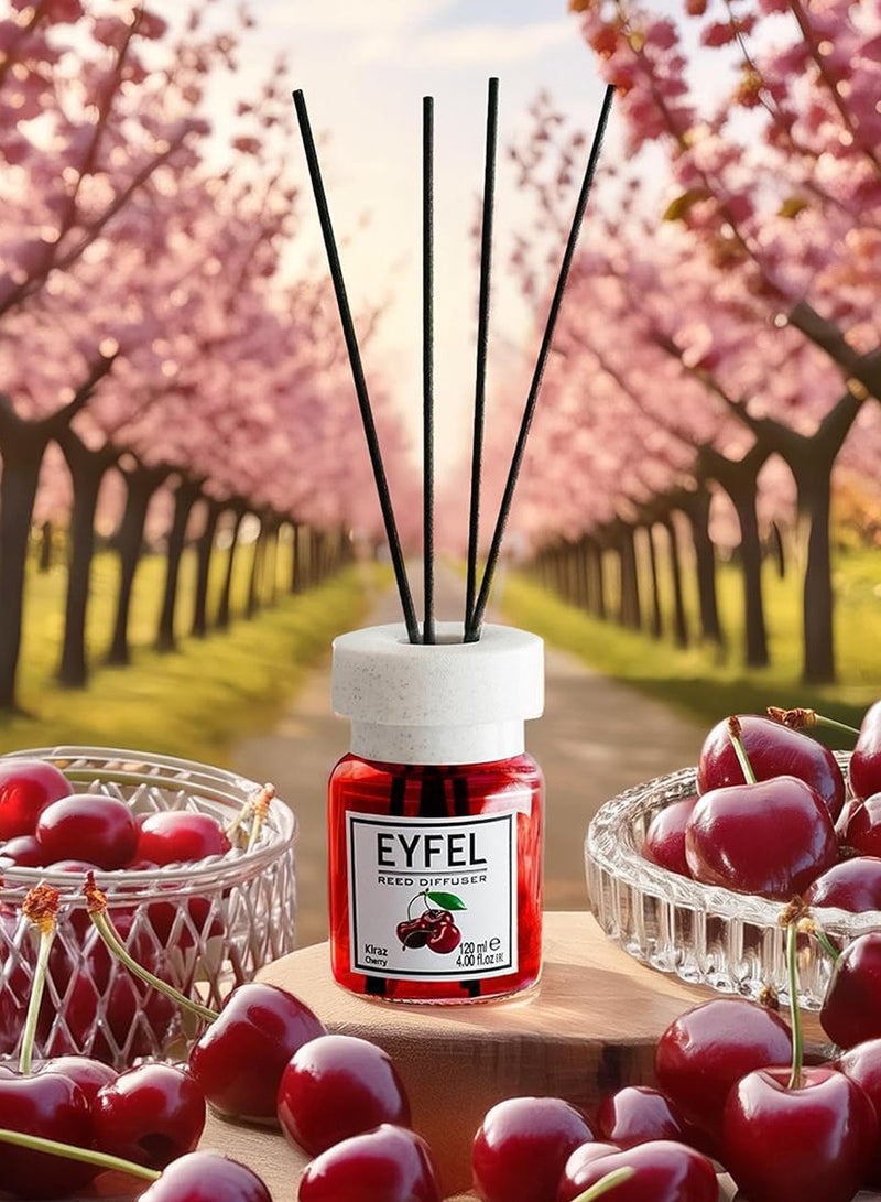 آيفيل معطر جو منعش برائحة الكرز (كيراز) 120 مل | عطر منزلي فاخر برائحة الفواكه الحلوة | معطر جو إيفل يدوم طويلاً مع 4 أعواد من الخيزران - Image 1
