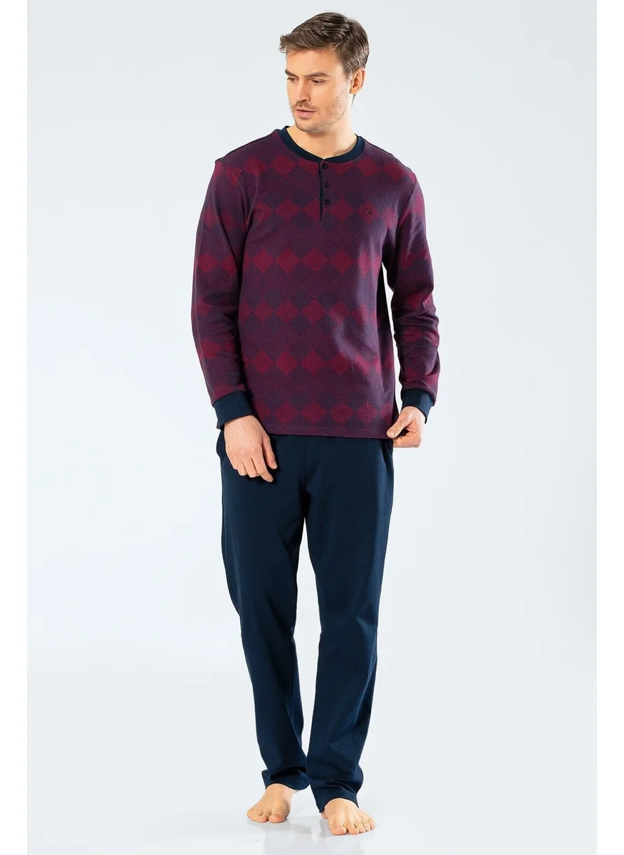 كاشاريل 100% Cotton Jacquard Baklava Pattern Long Sleeve Buttoned Collar Men's Pajama Set