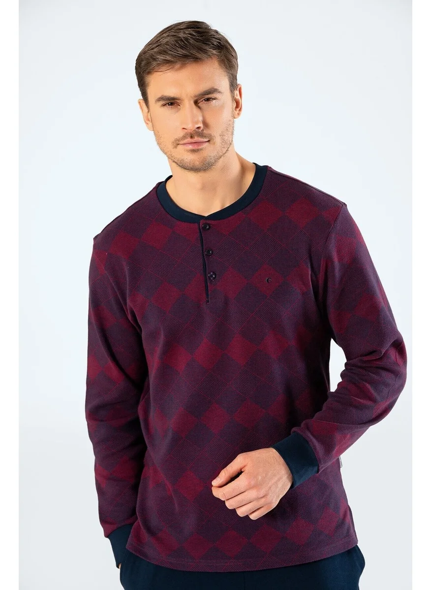 كاشاريل 100% Cotton Jacquard Baklava Pattern Long Sleeve Buttoned Collar Men's Pajama Set